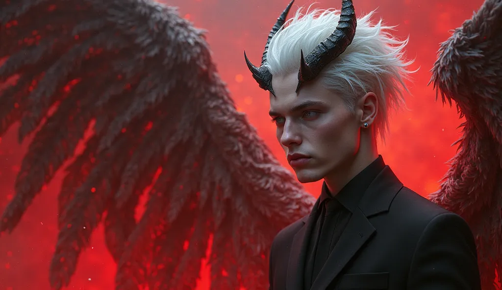 lucifer the devil, White hair boy , x suit , blood and feather like back ground, fang teeth, horn at forehead (standing at the left side of picture)