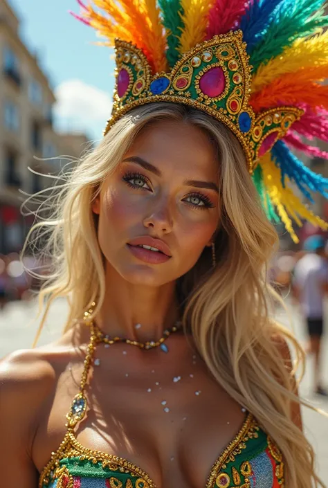 ((best quality)), ((masterpiece)), (detailed), girl, Brazilian,19 years old, blonde, attractive to the male eyes, dressed in carnival costume, On the street block , 1,65, 49kg,