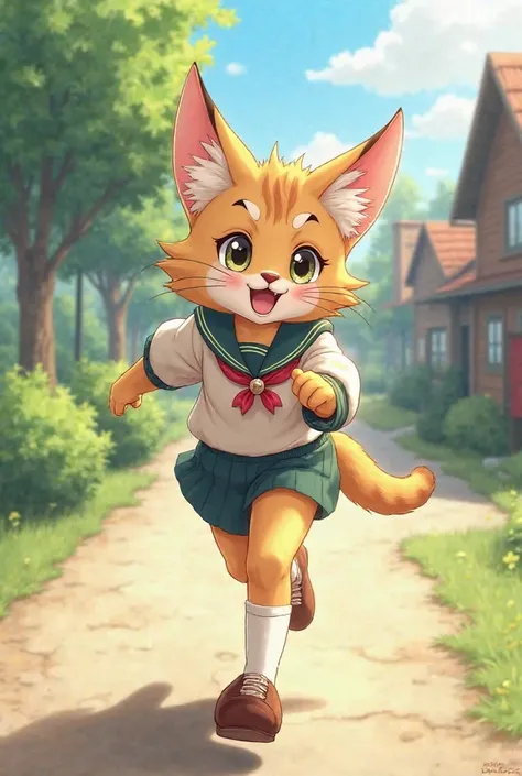 masterpiece, best quality,1girl,furry,road to school ,rim lighting,dynamic angle
blonde,servalcat,perfect light,running faster
,kitten,adorable, looking at viewer,school uniform,wind
