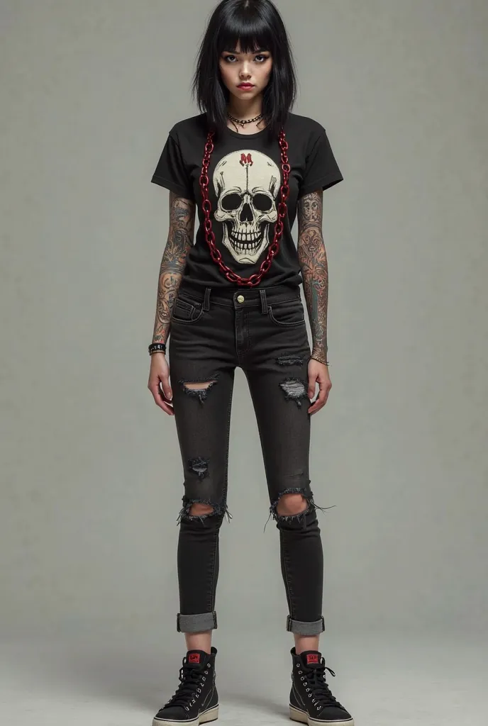 White woman, short stature straight black hair, eye shadows, Demonic tattoo, muscular body, black t-shirt with skull print with red chains, black jeans, with tears,  black sneakers, ultra realistic, Showing the entire body of the head to the sneakers.