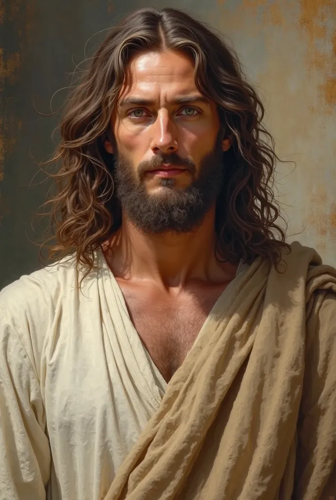 A handsome portrait of Jesus weating traditional Jerusalem clothing with long wavy hair ylong white man dress looking at the viewer with love 