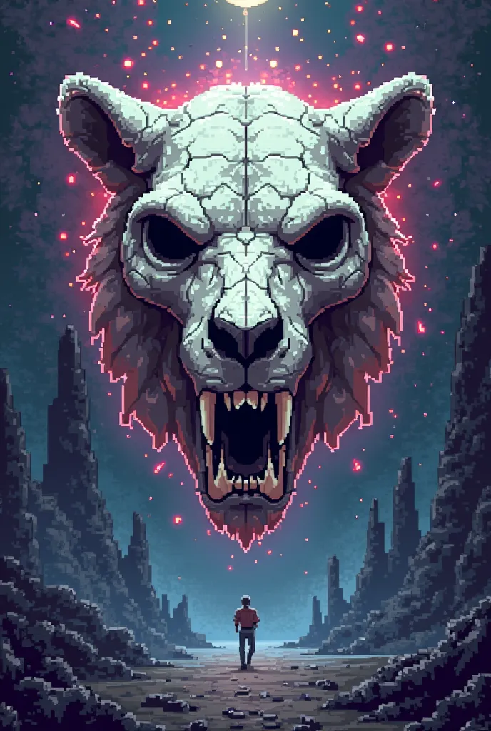 Create a highly detailed pixel art image of a lion's skull, designed in a blocky, retro 8-bit style. The skull should have sharp, well-defined fangs, deep shadowed eye sockets, and a cracked, battle-worn texture, giving it a fierce and legendary appearance...