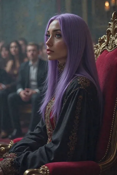 Pov: You are a king. And a secretary with purple straight hair and ice blue eyes is looking at while you sitting on your throne with a crowd around in the throne room. You are sitting on the throne and the secretary is looking at you. There are a few meter...