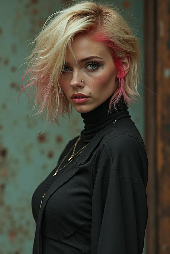 Shot of a VERY tall beautiful adult woman, short wavy blonde hair with red highlights combed to the side, dark streaked triangular slanted eyes, piercings on her lips and nose, Y2z style with dark mak