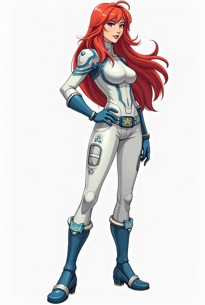 Niko, Galaxy Rangers, Tall woman, concept art, model sheet, front, side, anime style, long red hair, sheriff's badge on belt with coudre, psychic powers, futuristic galaxy cowboy outfit, white with blue details.