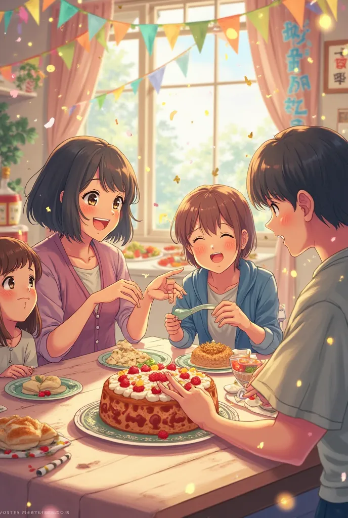 A anime family in a party 