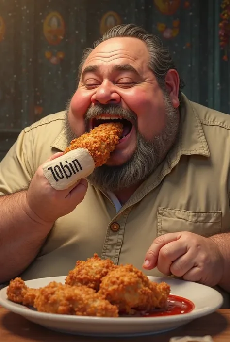 fat guy eats chicken with “robin” on the bandage