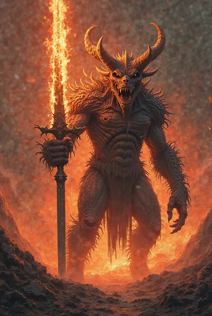 An extreme Dangeoura monster having horns and dangerous teeths holding a fire sword