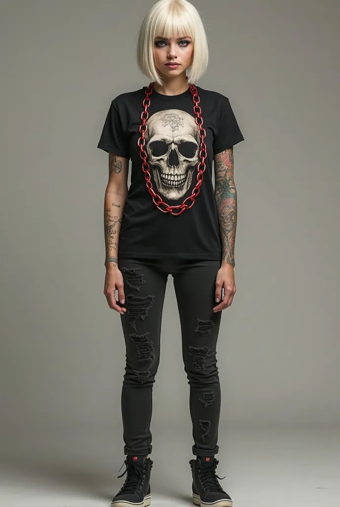 White woman, short stature straight blond hair, eye shadows, demonic tattoo , muscular body, black t-shirt with skull print with red chains, Black jeans, with tears , black sneakers, ultra realistic, Showing the whole body from the head to the sneakers.

