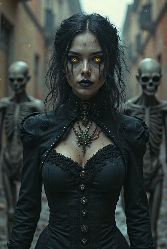  a detailed portrait of an undead woman in a steampunk uniform ,  standing in the foreground of a semi-abandoned Gothic street, her face partially obscured by shadows,  eyes shining with a supernatural intensity ,  next to her are several grotesque and sur...