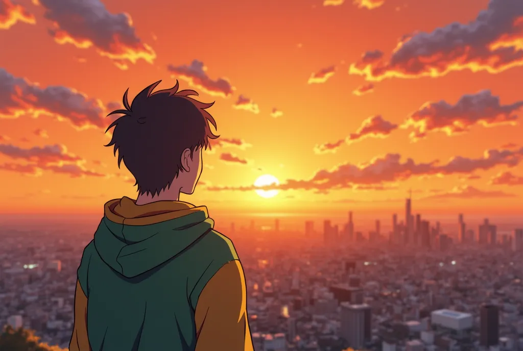 A man wearing a green and yellow hoodie looking at a sunset in front of him. In the horizon, a big city under an orange sky. In the middle of the sky, the sun surrounded by small clouds that gradually become begger and more multiple reaching the edged. the...