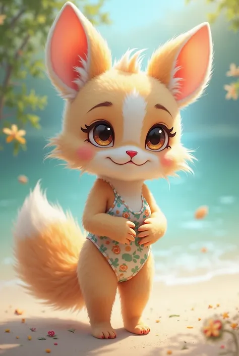 cute furry girl in a swimsuit is shy without hair