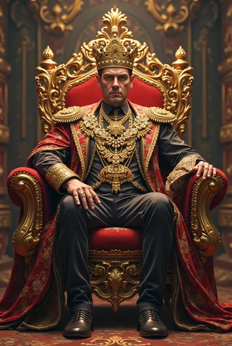 A very rich man wearing gold jewelry and sitting on a luxurious throne 