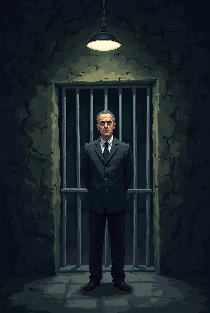 Imagine a grim scenario, in an old and dark prison, where the jailer appears, a man with a serious and rigid face, who is shown standing, watching the inmates through the bars of a cell. His position is authoritarian, but his eyes are empty, as if he were ...