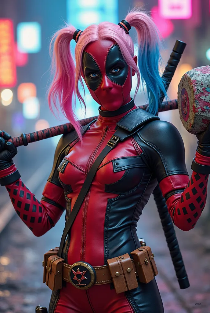 "A unique character that combines the irreverent charm of Deadpool and the vibrant, chaotic energy of Harley Quinn. The character wears Deadpool's iconic red and black mask, but the rest of their outfit incorporates a mix of leather and playful diamond-pat...