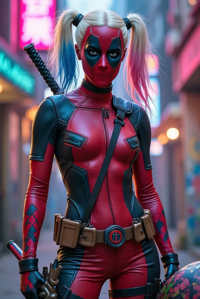 "A unique character that combines the irreverent charm of Deadpool and the vibrant, chaotic energy of Harley Quinn. The character wears Deadpool's iconic red and black mask, but the rest of their outfit incorporates a mix of leather and playful diamond-pat...