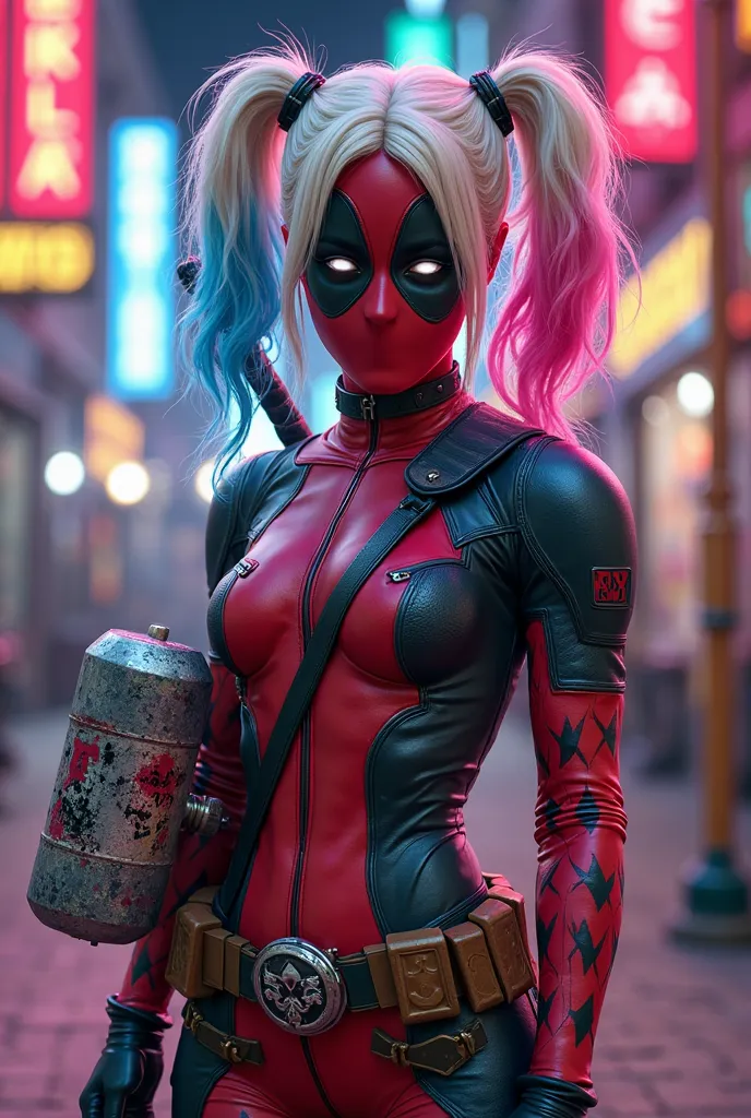 "A unique character that combines the irreverent charm of Deadpool and the vibrant, chaotic energy of Harley Quinn. The character wears Deadpool's iconic red and black mask, but the rest of their outfit incorporates a mix of leather and playful diamond-pat...