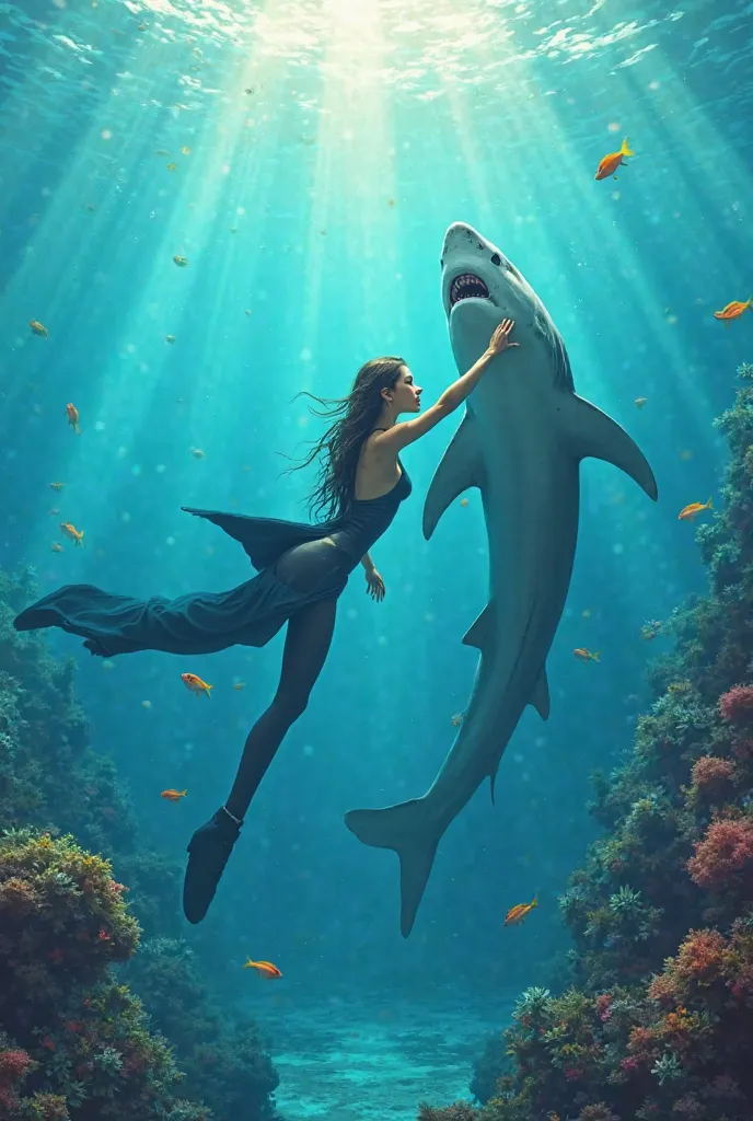 Give me the image of a beautiful woman, wearing diving clothes, stroking a shark in the sea .