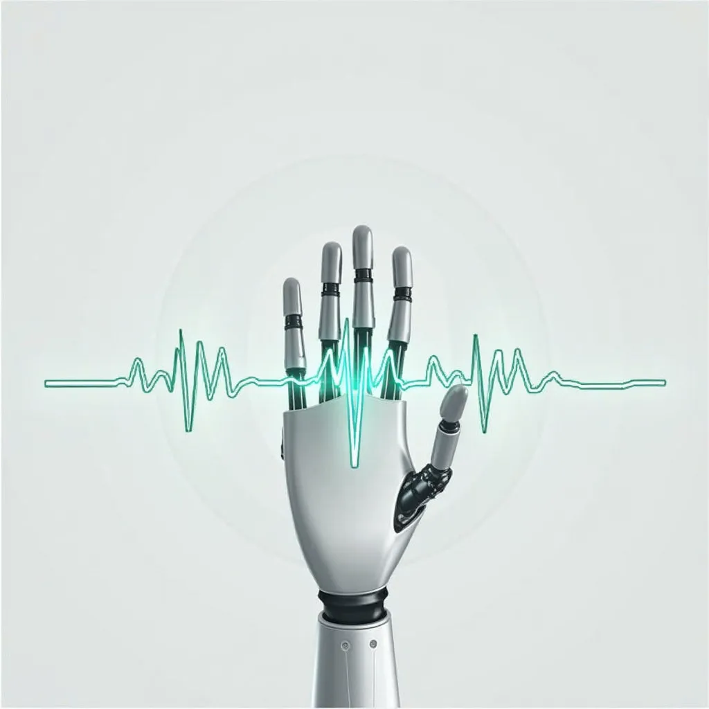 "A clean and minimalistic podcast cover focused on biomedical engineering. The design features a realistic illustration of a prosthetic hand or robotic arm, subtly integrated with a heart rate monitor (ECG line) in the background. The colors are natural—me...