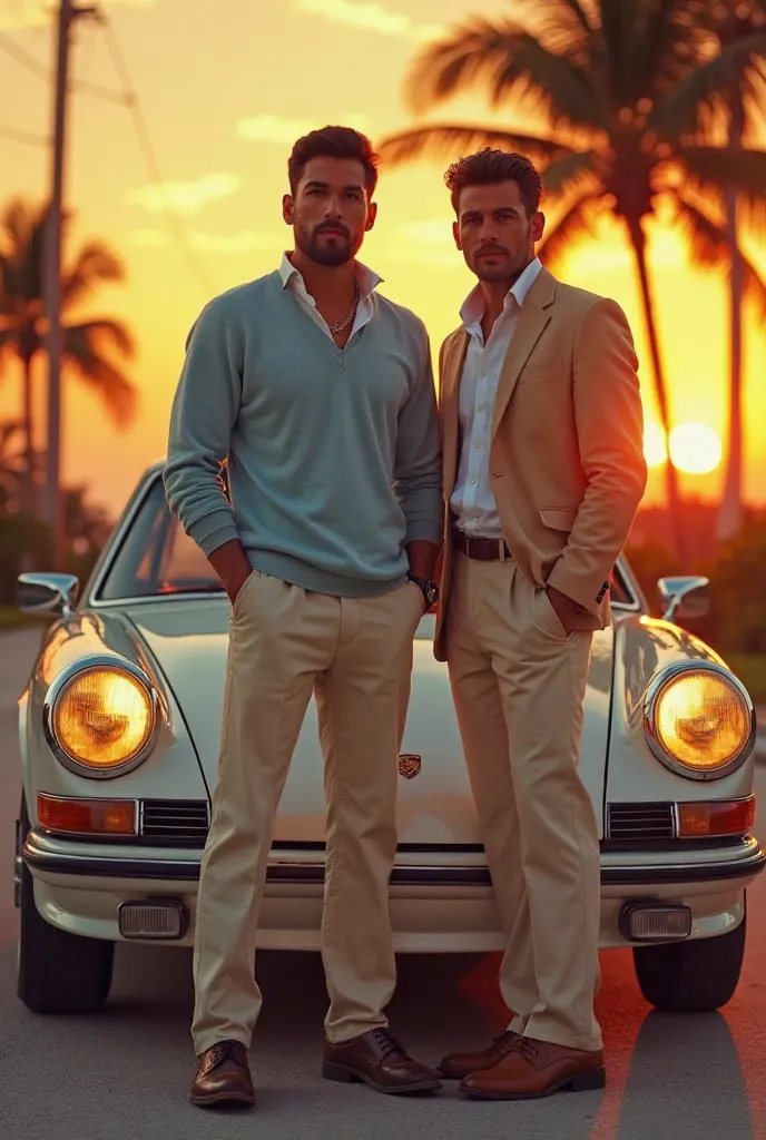 Create a vintage look Miami Vice Vibe picture with two men one wearing a baby blue sweater and the other a beige one they look cool and elegant and stand in front of a prosche at sunset 