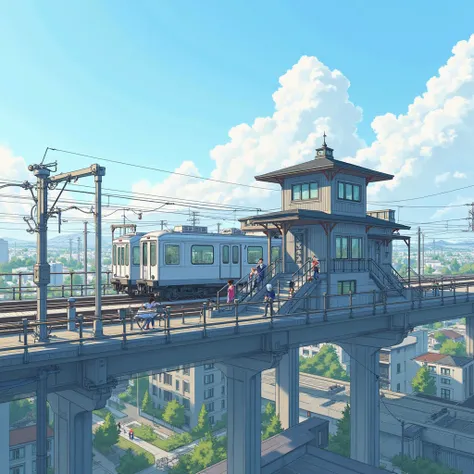 A train station on an overpass
The station building has a compact and complex structure
It is connected to the ground by stairs
Sparse passengers getting on and off
The height of the overpass is the height of the roof of a private house
The train is a 2-ca...