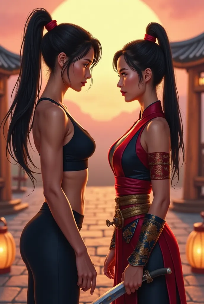 A digital artwork of an athletic woman, with a muscular build, wearing a black sports bra and leggings, her hair tied in a ponytail, and a determined expression on her face. She faces Mulan, the Disney warrior princess, wearing her traditional Chinese warr...