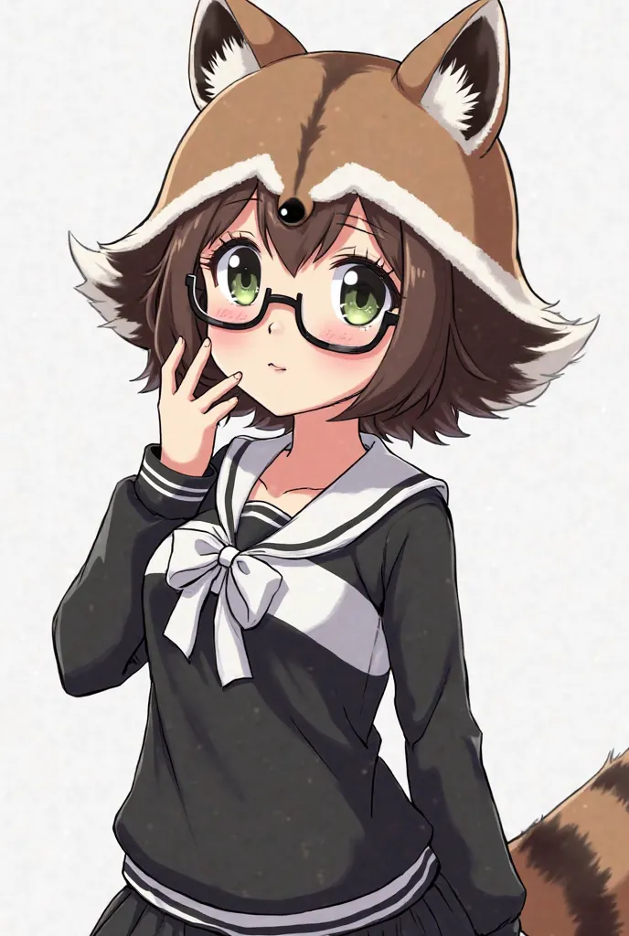 Anime details with a full-bodied girl half raccoon half human, black and white cheerleader clothing with a white ribbon around the forehead, short brown hair, slightly dull greenish eyes and glasses. Pretty pretty and with a raccoon tail 