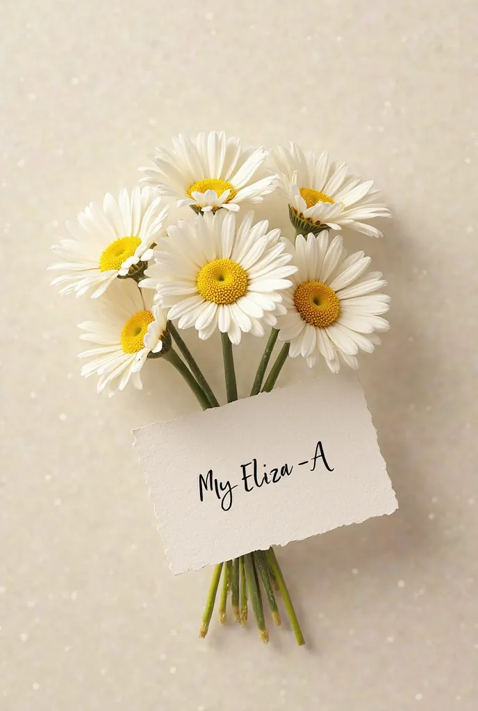 A bouquet of daisies and a card with the name My Eliza-A on it