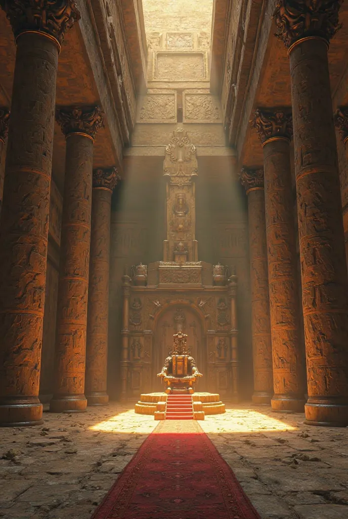 Make me a desert boss room inside the tomb a pyramid with a throne in the center. The hall has to be abandoned and well finished, dark, But perfect for a boss fight with the characteristics of a Souls like game