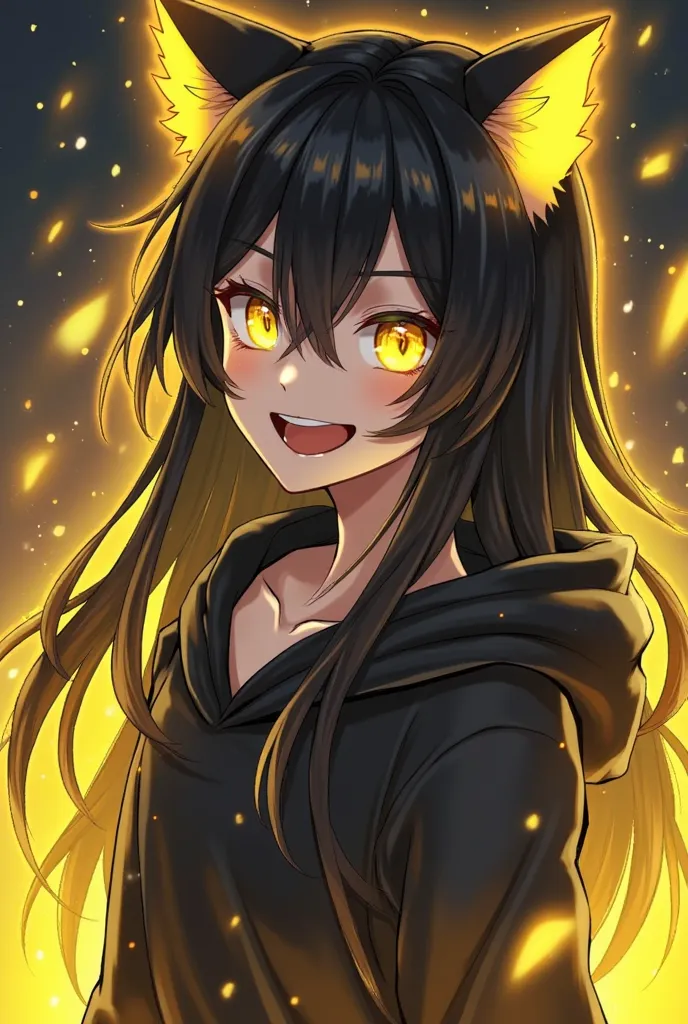 Androgynous girl with very long black hair, golden colored eyes, very manic smile, White skin. He emanates a fluorescent yellow power around his body and wears black clothing with a hoodie with cat ears..