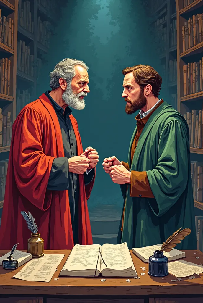 Create a cartoon image of John Calvin fighting with Jacob Armino