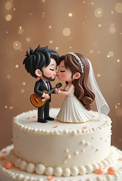 wedding cake top of musician, with a bride in a long white dress with sleeves,  long light brown hair, brown with highlights, white skin, holding the collar of the groom who tries to escape, he is holding the guitar,  wearing a black suit, white with black...