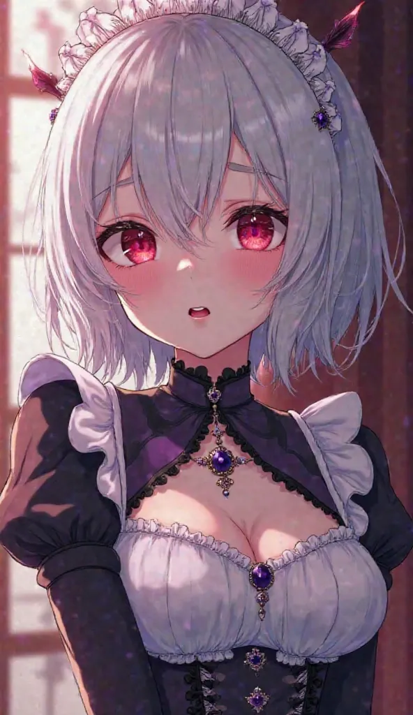 a fair-skinned girl,  short hair and white color , eyes red as blood, sapphire necklace with Victoria-style maid costume in black and purple,  with a bust size 38D, Full body crying with eyes closed and a small smile is her lips Anime style