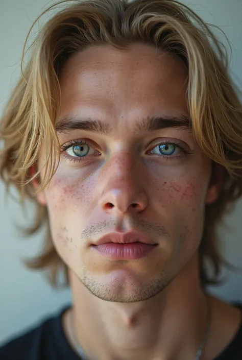 (photorealism:1.2), young male, white, long natural blonde hair, heterochromia, one grey eye one Blue eye, two different coloured eyes, full chin, detailed eyes, detailed lips, extremely detailed face, (best quality,8k,highres,masterpiece:1.2), (realistic,...