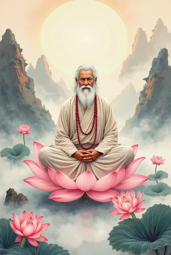 An elderly man with white hair and a beard, dressed in light-colored , sits cross-legged on a lotus flower above a mountain of clouds, holding red beads around his neck. He is surrounded by mountains and a misty sky, as well as blooming pink water lilies. ...