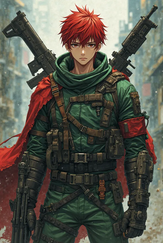 Anime details featuring a full-bodied boy, with weapons. Redheaded Hair, heterochromia with one eye brown and the other full black, green and red tactical clothing. quite handsome