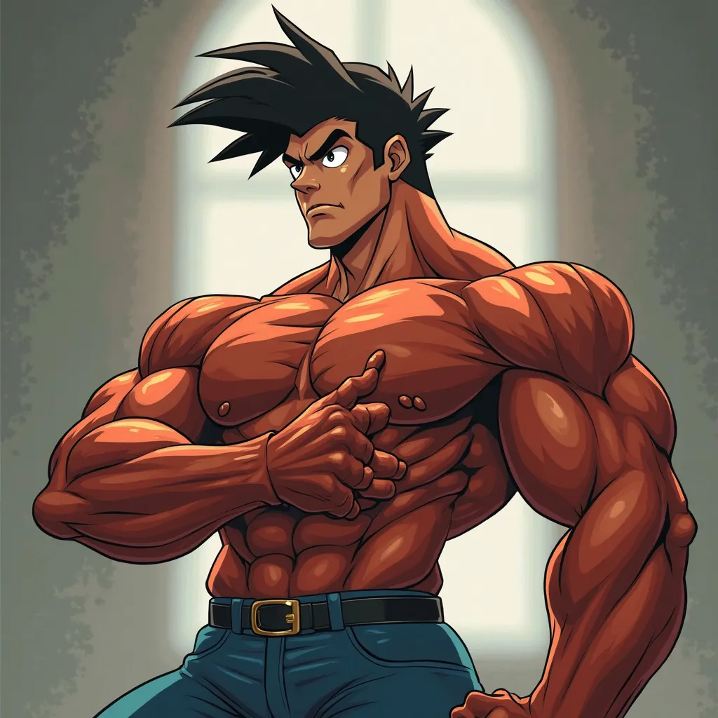 Ash ketchum like a muscular athlete, grande y tonto que se flexiona y mira fijamente sin comprender bajo hypnosis mientras repite, "larger... Dumbest ...." With a deep voice . hyper muscles.  Big Biceps .  large triceps . brotherad shoulders. Big Traps . L...