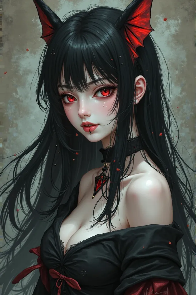 Female character, white, red eyes, long straight black hair, bat ears and bat fangs. Anime/manga style