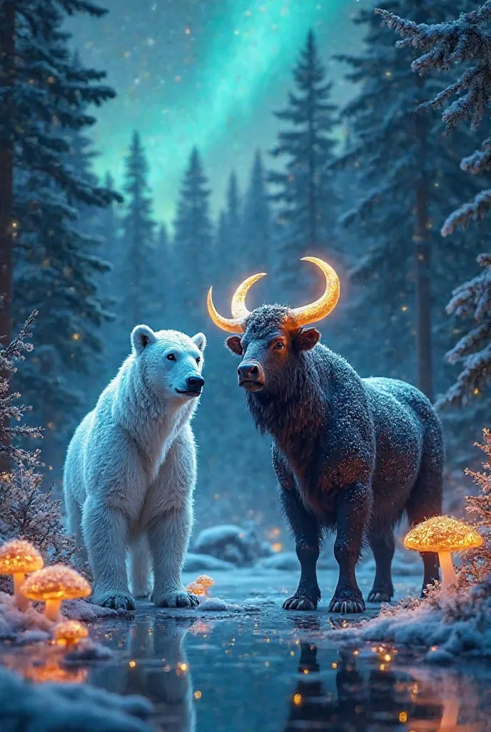 and a bull standing together in a magical, glowing forest. The polar bear has shimmering, icy blue fur that glows faintly, and the bull has dark, metallic fur with golden horns that emit a warm light. Both animals are surrounded by glowing mushrooms, spark...