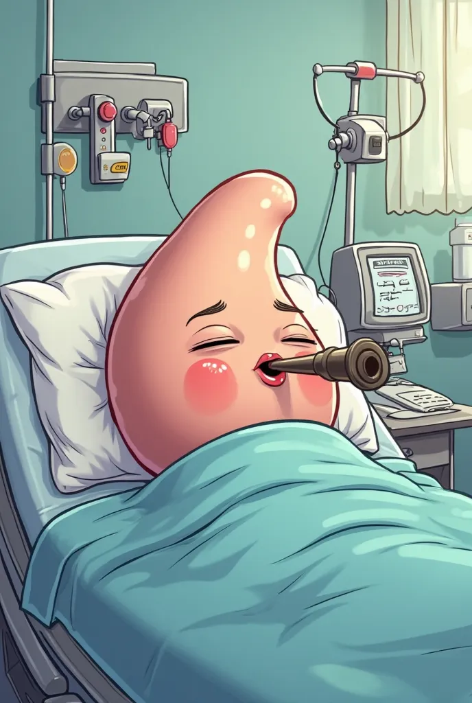 Make an image of a penis on a sleeping hospital bed with a face and a pipe in its nose
In cartoon
