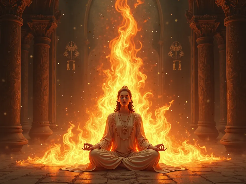 Life force within a person chakra element flame power meditating
 realistic medieval anime style 