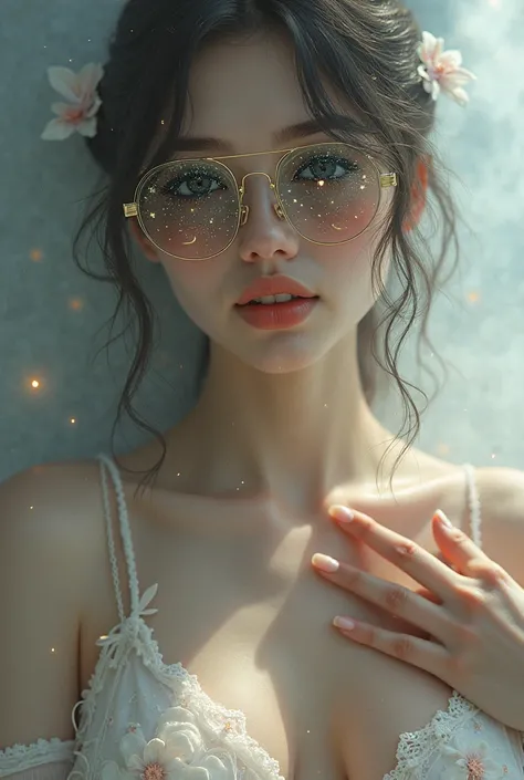 The model wears glass sunglasses with stars and the moon on the glass while caressing her tits