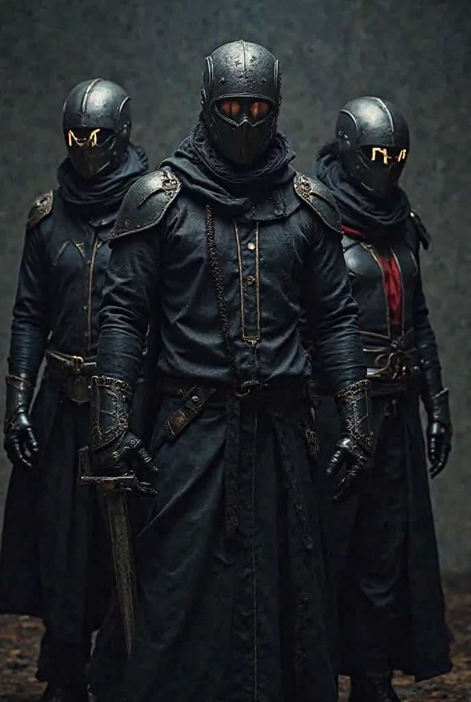 
Team:
 sweat  (3):
for each man He wears a mask that covers his entire face. On the mask or shield that has the letters: A, L, Y.
Their dark colored clothes (Black or gray) with metal details that give a feel By technique or force.
Each man carries a diff...