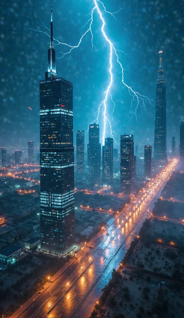 Aerial view from the sky of Dubai at night, light storm, descending perspective, futuristic glow of skyscrapers illuminated in blue and white, occasional lightning illuminating wet streets and the Burj Khalifa in the background, cold and dramatic lighting,...