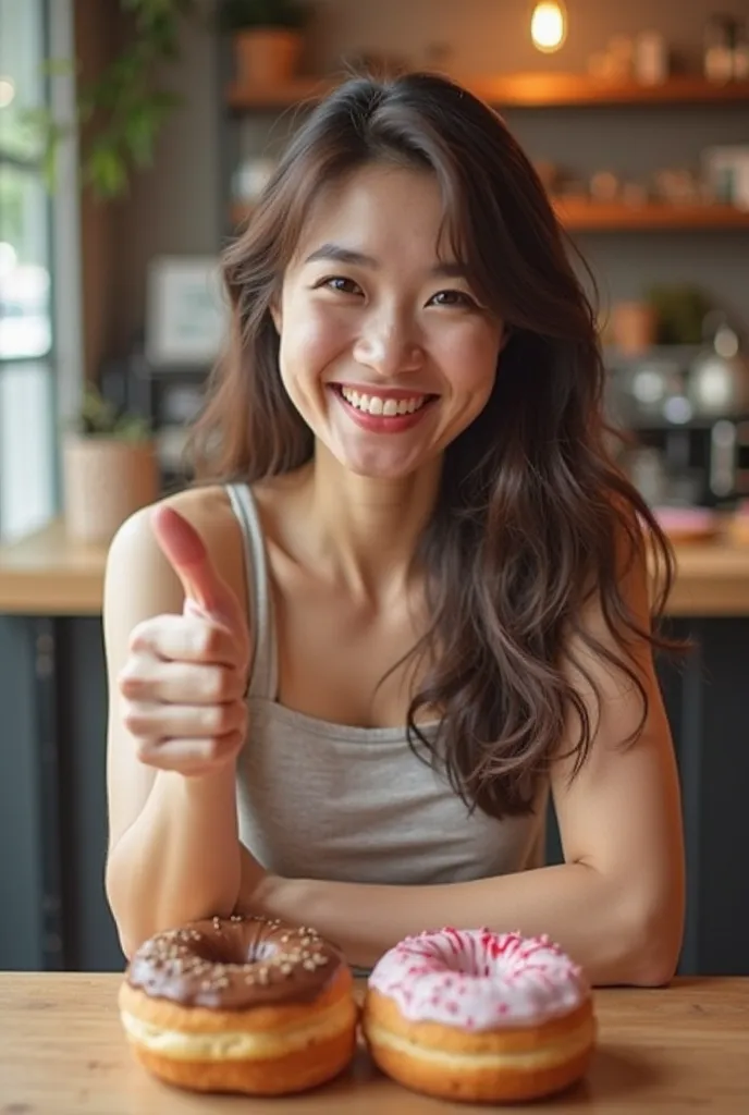 smiling woman with thumbs up in front of a table with donuts, a picture by Abidin Dino, instagram, sumatraism, with kind face, with accurate face, satisfied pose, giving the thumbs up, with round face, thumb up, with cute - fine - face, thumbs up, selfie p...