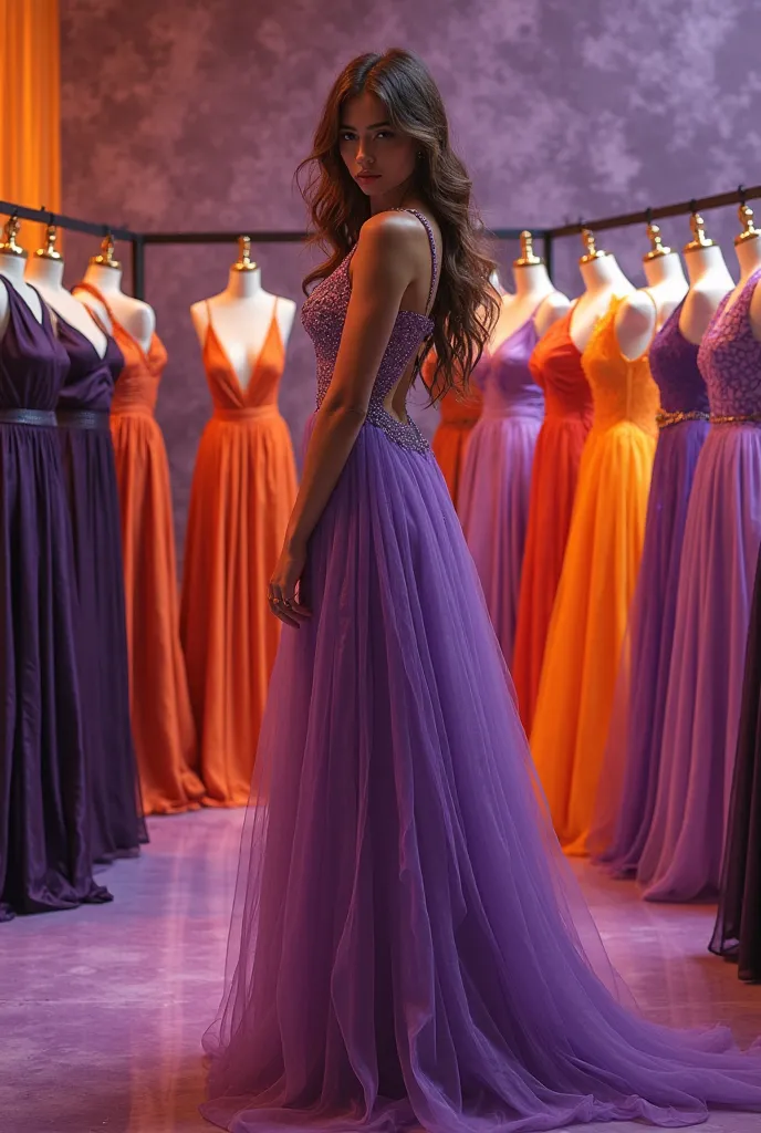 An image of a fashion studio with a girl with long wavy hair, with purple, lilac and orange dresses. The studio must have mannequin cameras and must have the accent color purple and orange
