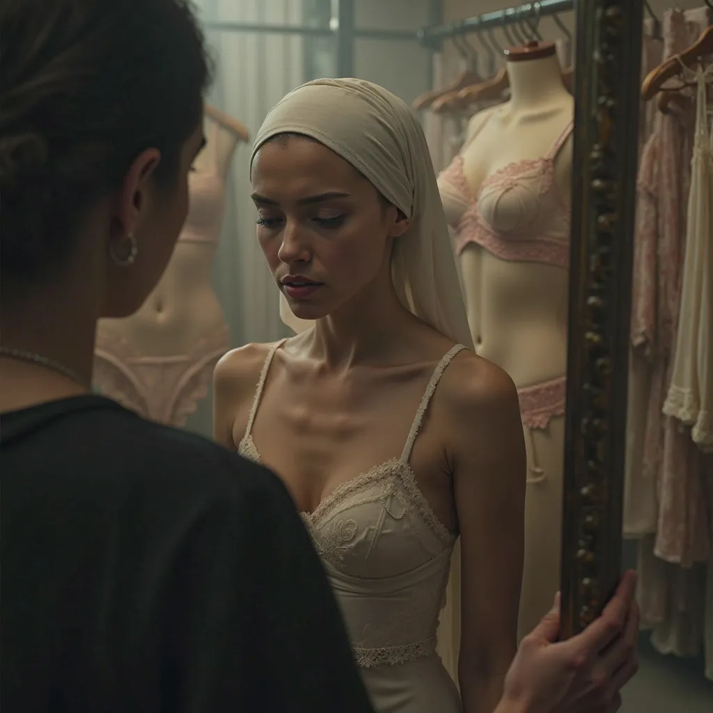 Image of a bald young woman with a white and simple headscarf because she has cancer inside a lingerie store seeing the pieces sad and an attendant coming to help 