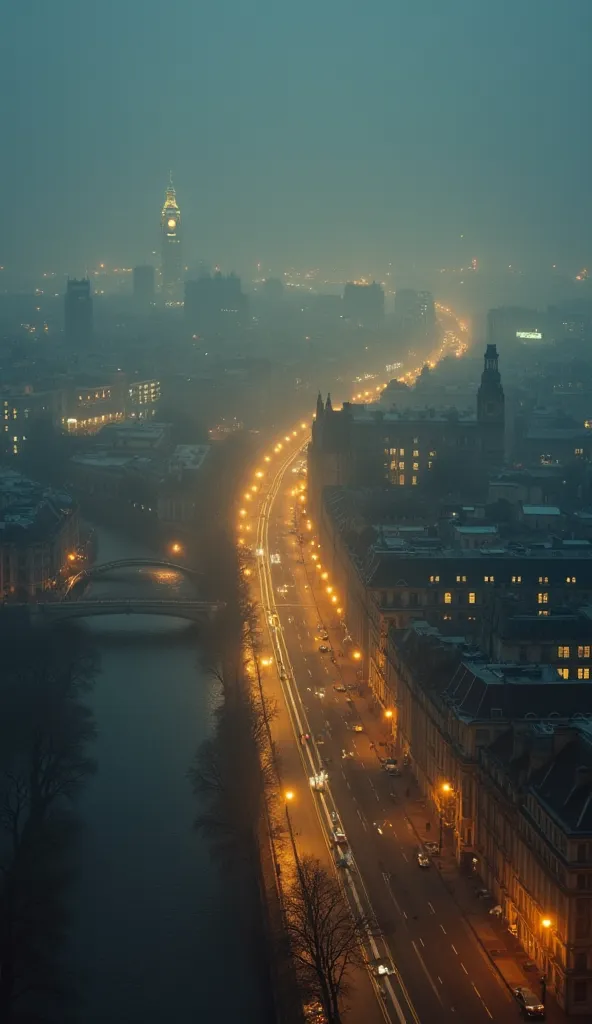 Aerial view from the sky of London at night, dense fog, tilted perspective, yellowish glow of streetlights reflected on the River Thames and streets, Big Ben and London Eye illuminated in the background, soft and cool lighting, gray and yellow tones, atmos...