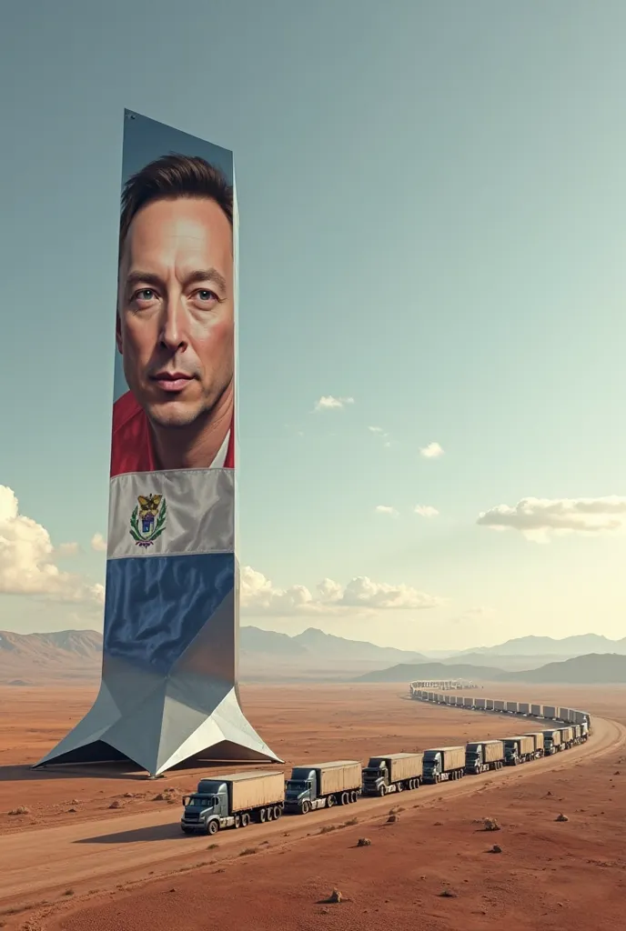 The Starlink antenna sending an internet signal in a landscape without hills, a row of trucks heading to the Pacific Ocean., with Elon Musk's face in the landscape and the Paraguayan flag 🇵🇾🇵🇾