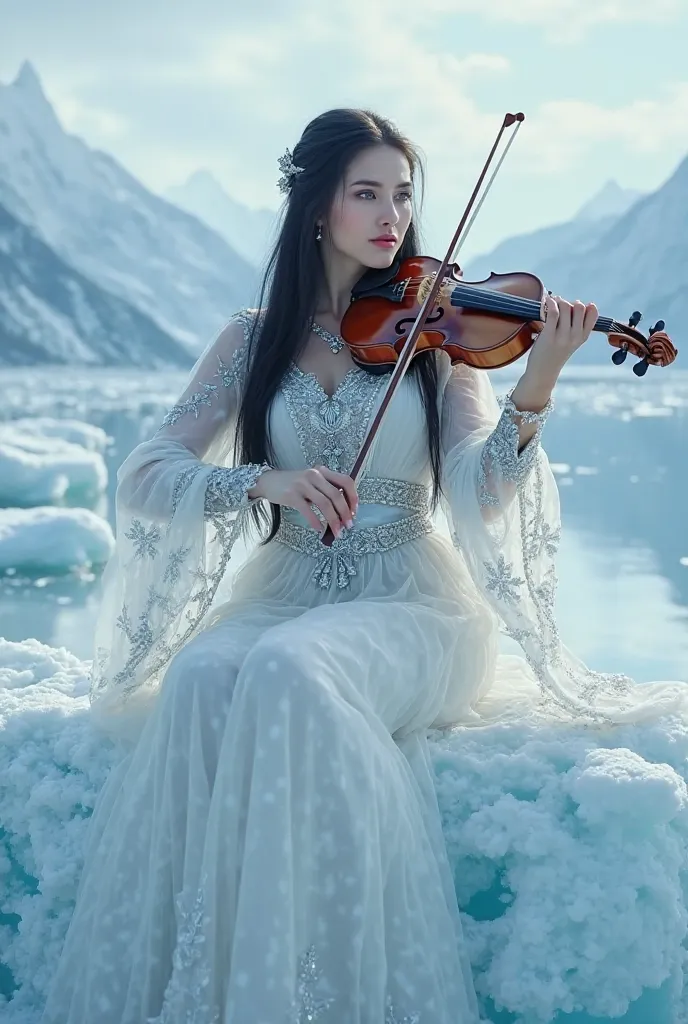 /imagine A fair-skinned priestess (30 years ), of Italian ethnicity, with smooth and long flowing black hair , is sitting on a block of ice that are shiny snow particles iridescent glacial totally iridescent blue and silver playing violin. She wears a long...